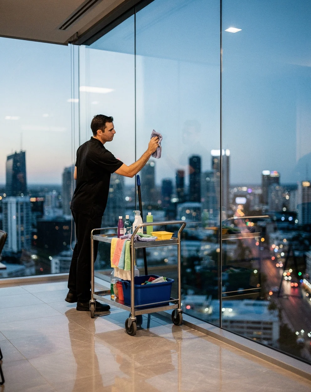 A Cleanline cleaner detailing a Gold Coast office at dusk