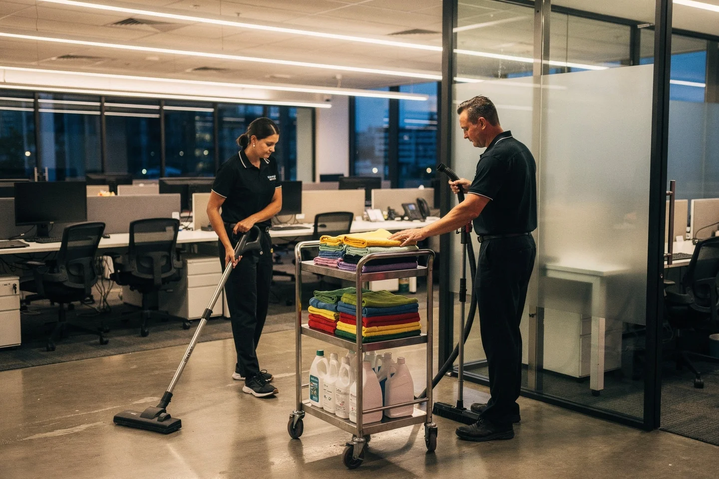 The Cleanline crew cleaning an open-plan Gold Coast office after hours
