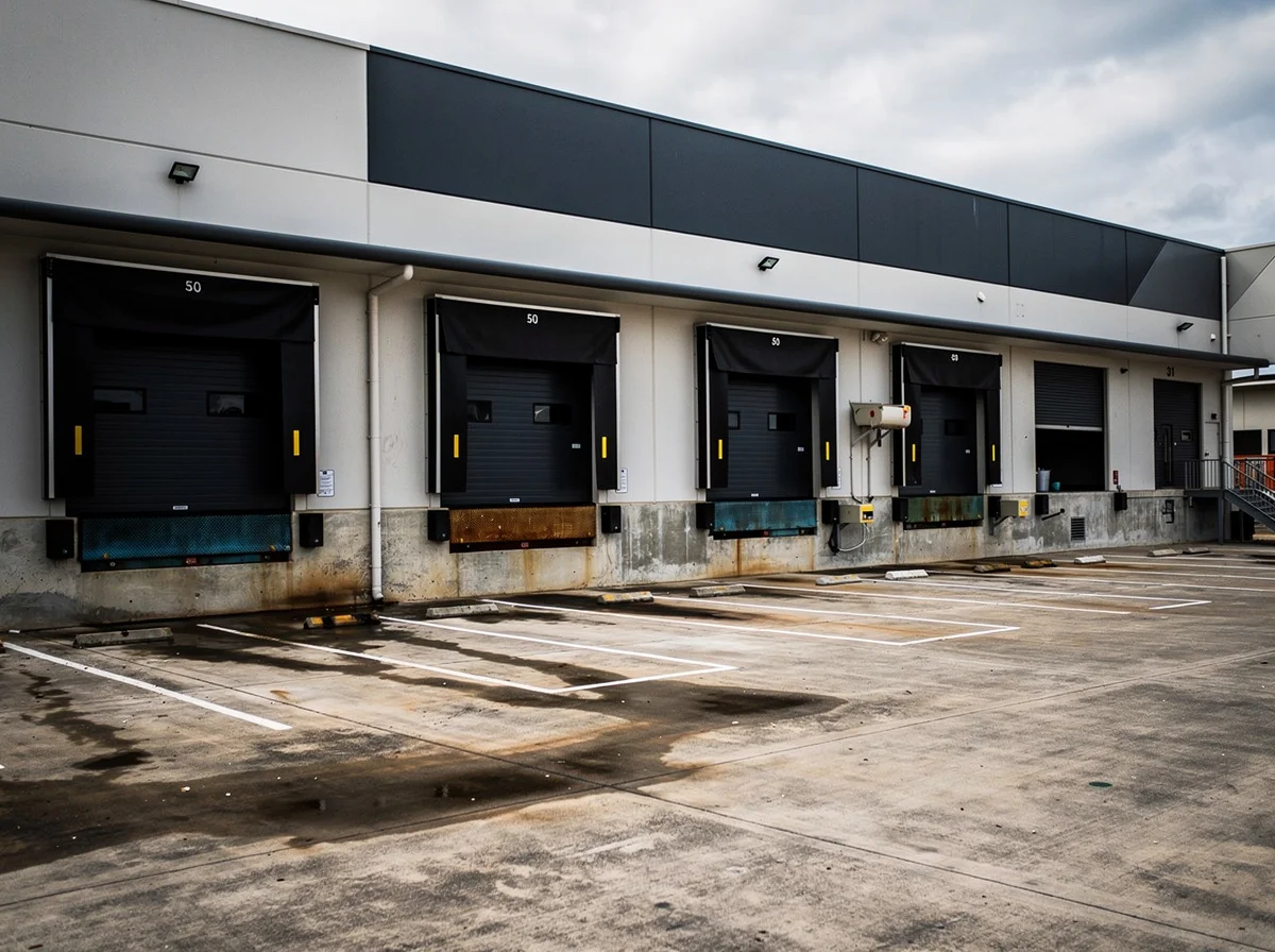 A grimy commercial hardstand before Cleanline pressure washing